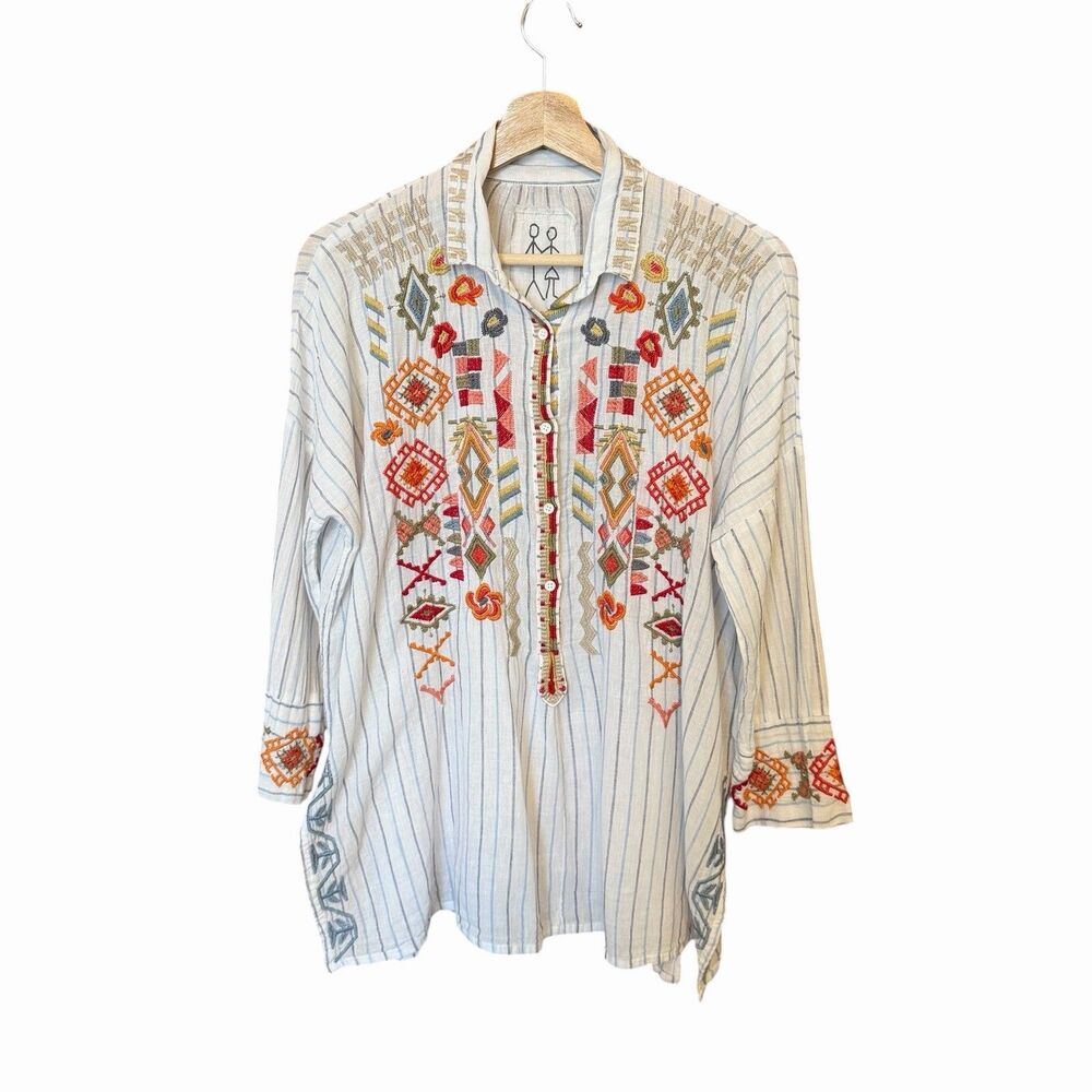 Johnny Was Pete & Greta Womens Linen Blend Boho Tunic Top Size XS Embroidered